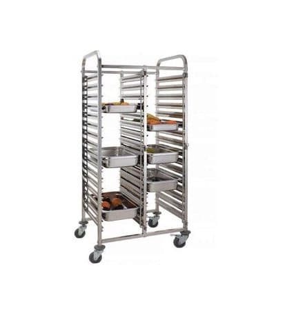Carucior pentru debarasare tavi, cu roti, capacitate dubla 2 x 15 tavi GN 1/1 (530x325 mm), compact, din inox, 550x740x1735 mm