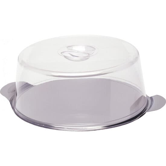 Suport / Platou tort cu capac plastic transparent, , tava rotunda inox cu manere, diam 300 mm x110 mm (H)