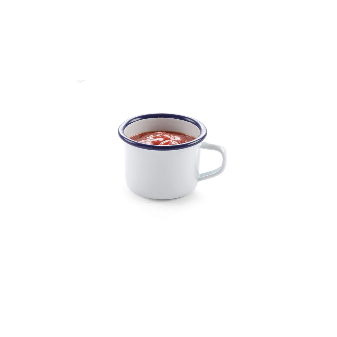 Ceasca emailata 120 ml, 70x(H)50 mm, model traditional alb / albastru