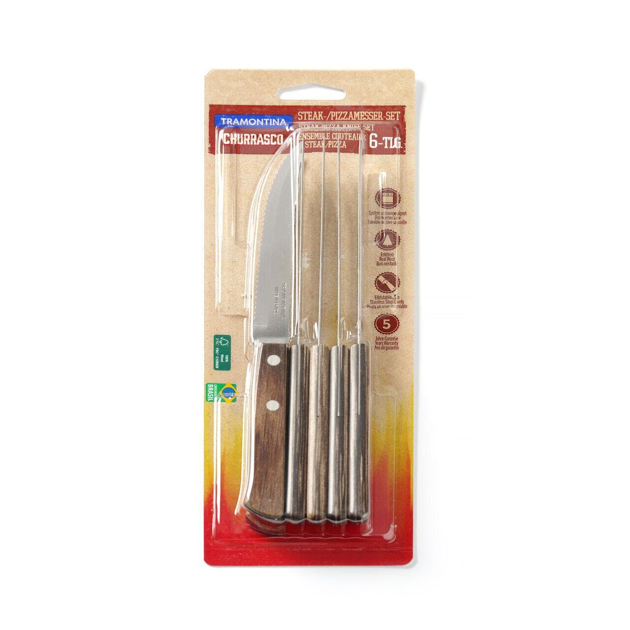 Set de cutite pentru friptura si pizza Churrasco, 6 bucati , Tramontina, Maro, (L)215 mm