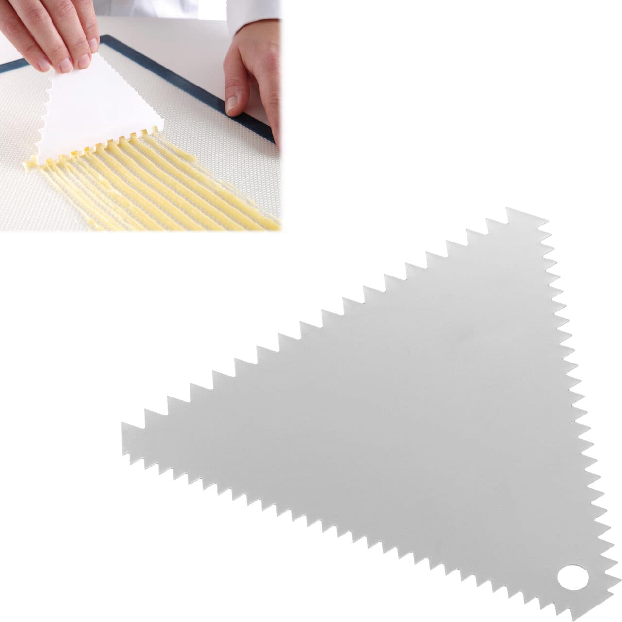 Taietor triunghiular cu margine zimtata, pentru aluat, 110x110mm, Inox