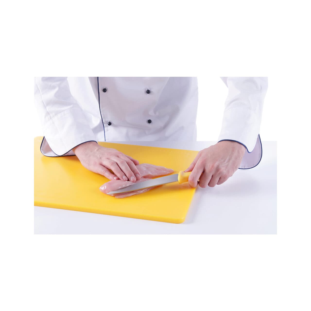 Tocator galben 600x400x18 mm, respecta normele de igiena HACCP, polietilena HDPE 500, cu 2 fete pentru taiat