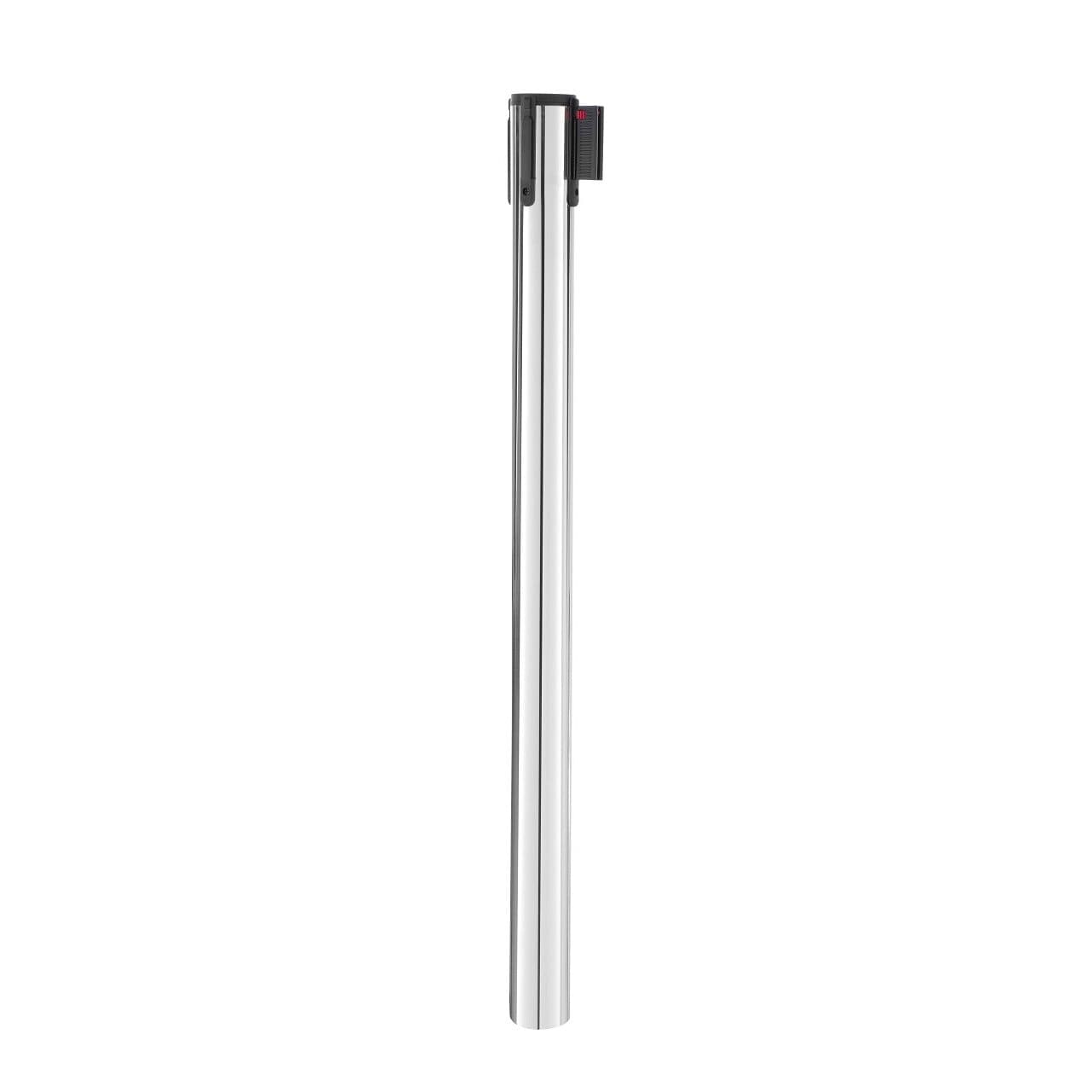 Stalp de delimitare, acces sau ghidare cu banda retractabila neagra, finisaj tip oglinda , Inox, diametru baza 360 mm, inaltime stalp 1010 mm