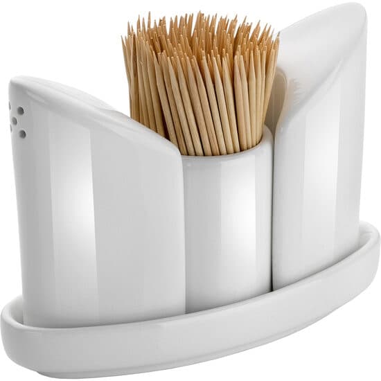 Set condimente din portelan, 4 piese: recipiente sare, piper, scobitori, farfurie suport