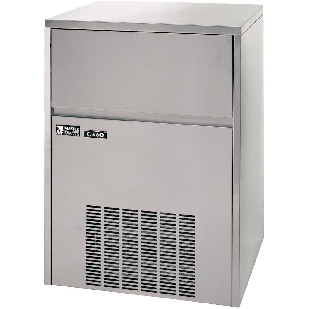 Masina cuburi de gheata, Master Frost, otel inoxidabil, 66 kg/24 h, cub forma de clopotel, cu gauri hexagonale / 18 gr, 230 V/720 W, 600x580x(H)840 mm