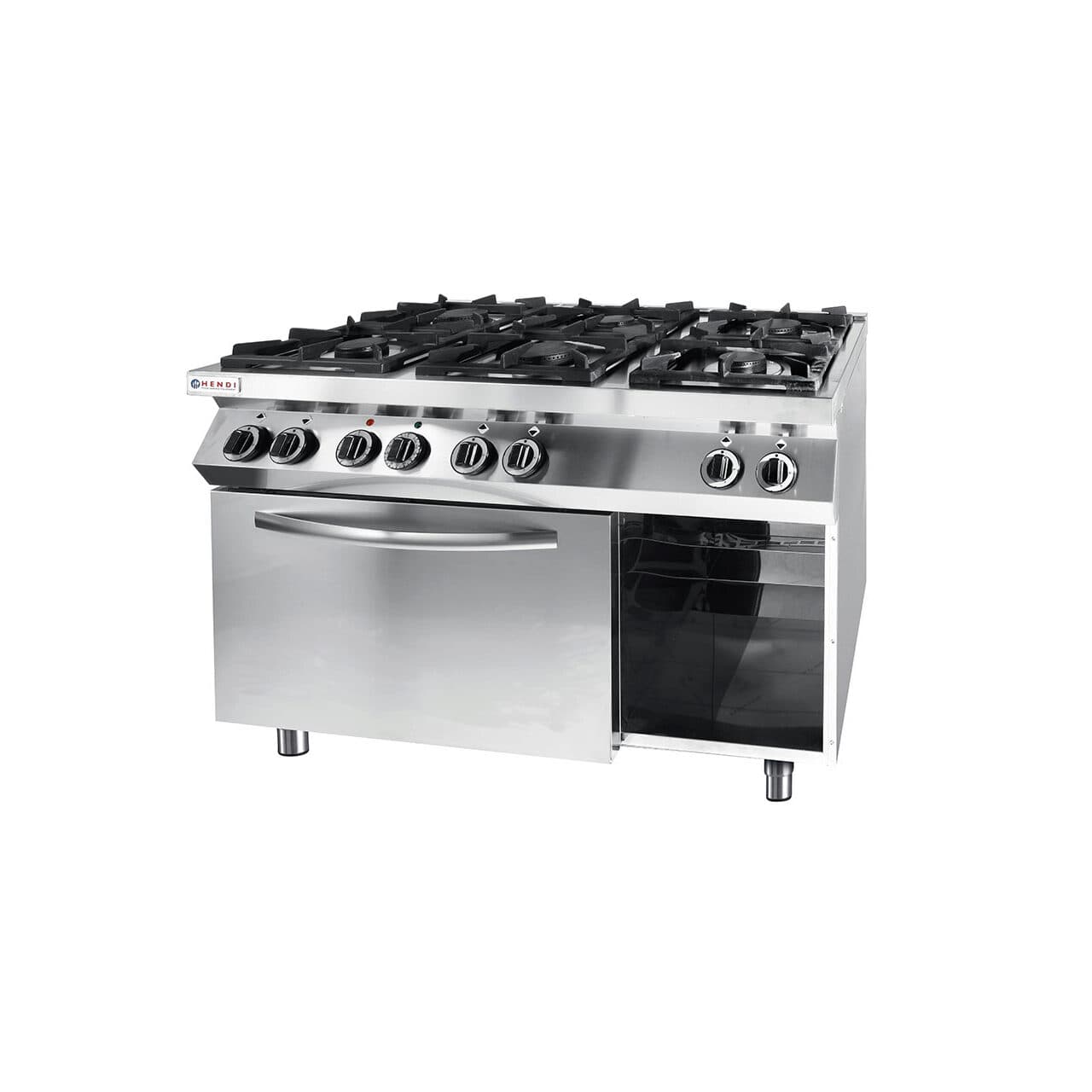 Aragaz profesional pe gaz Hendi Kitchen Line cu 6 arzatoare cu cuptor electric cu convectie GN 1/1 Inox 28.5 kW 1200x700x(H)900 mm