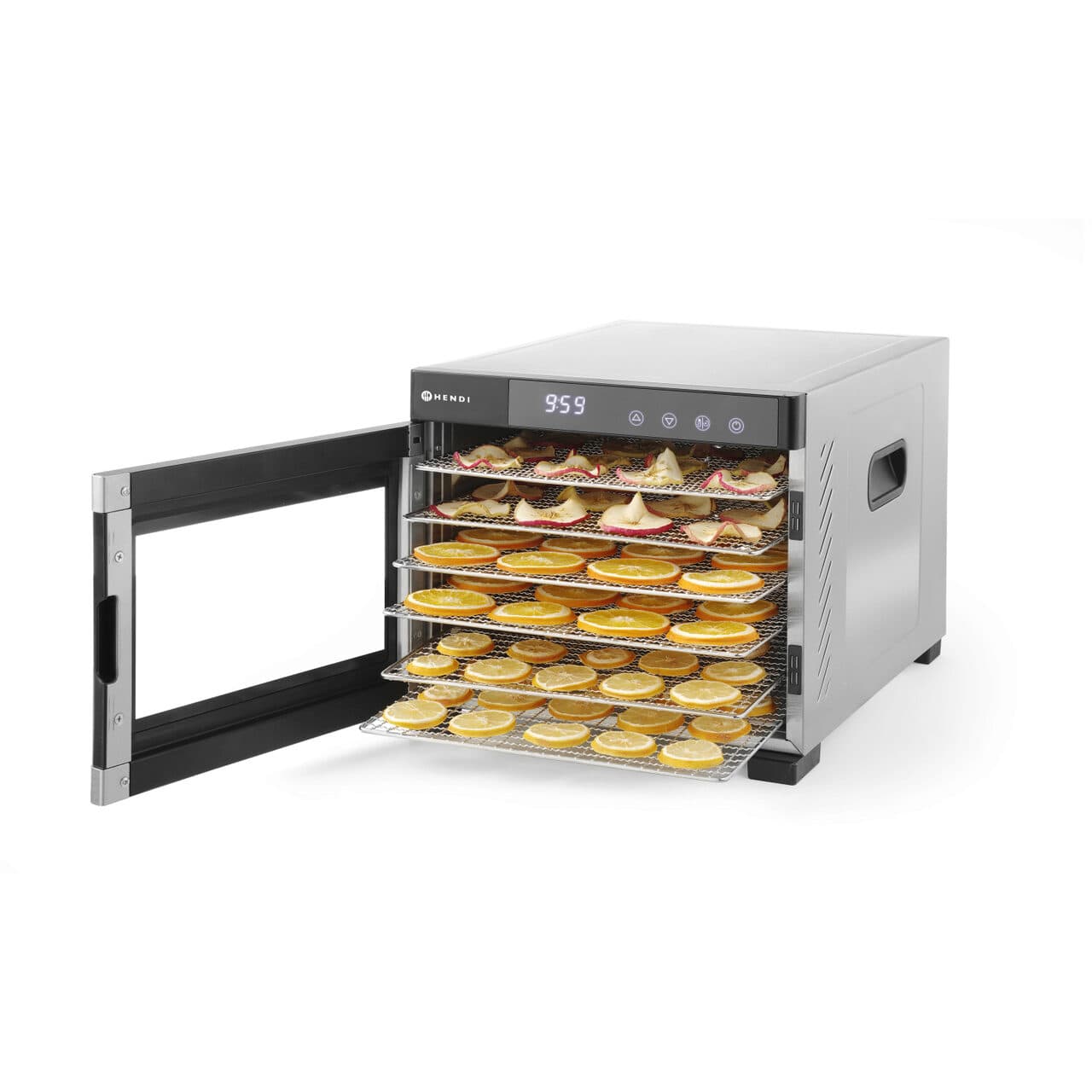 Deshidrator alimente Hendi Profi Line, 550 W, 6 tavi inox, interior si exterior inox, temperatura reglabila 35-75 C, Gri, timer, panou de control digi