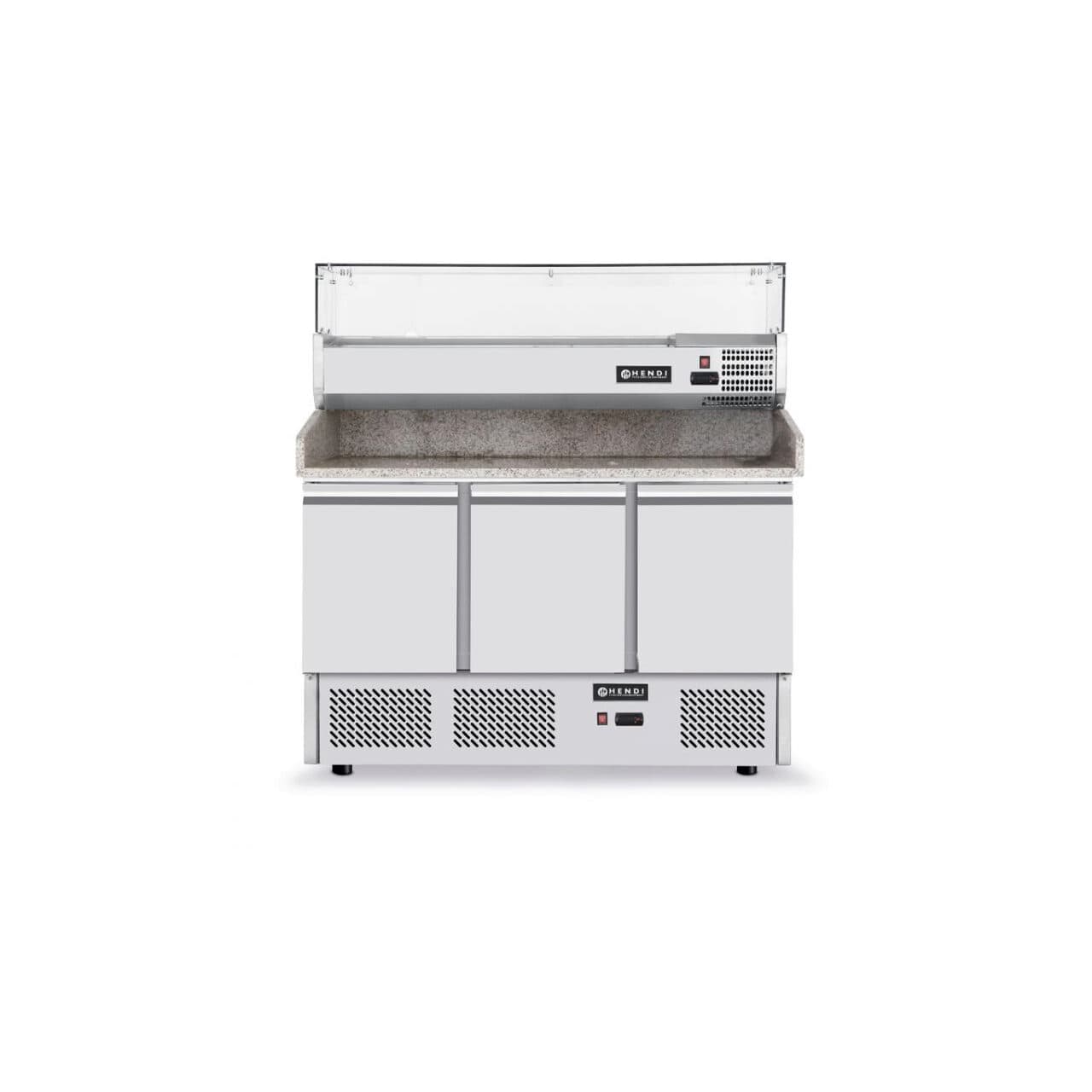 Masa frigorifica cu 3 usi, pentru pizza, cu vitrina ingrediente cu 6 tavi GN 1/4, 270+170 W, ARKTIC by Hendi, 140x70x(H)144.5 cm