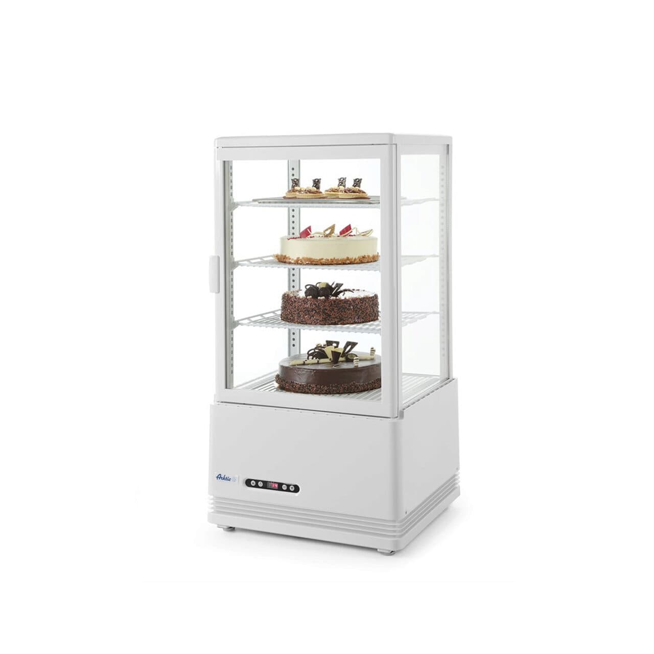 Vitrina rece pt prezentare, alba, 68 lt, interval temp 0-12 gr C, 170 W, 3 rafturi reglabile pe inaltime, ARKTIC by Hendi, 452x406x(H)891 mm, Clasa en