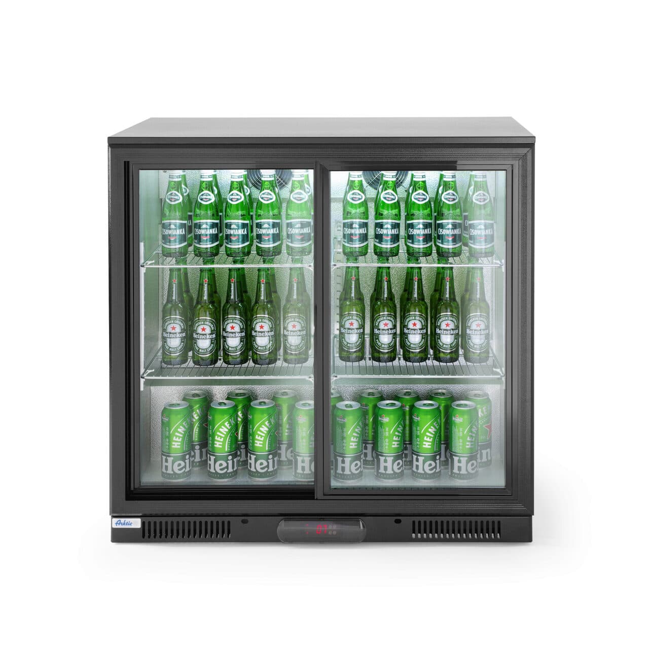 Vitrina frigorifica de prezentare usi glisante interval temp. 2/10?C, 220 W, corp inox, ARKTIC by Hendi, 900x500x(H)900 mm 198 Litri, Clasa energetica