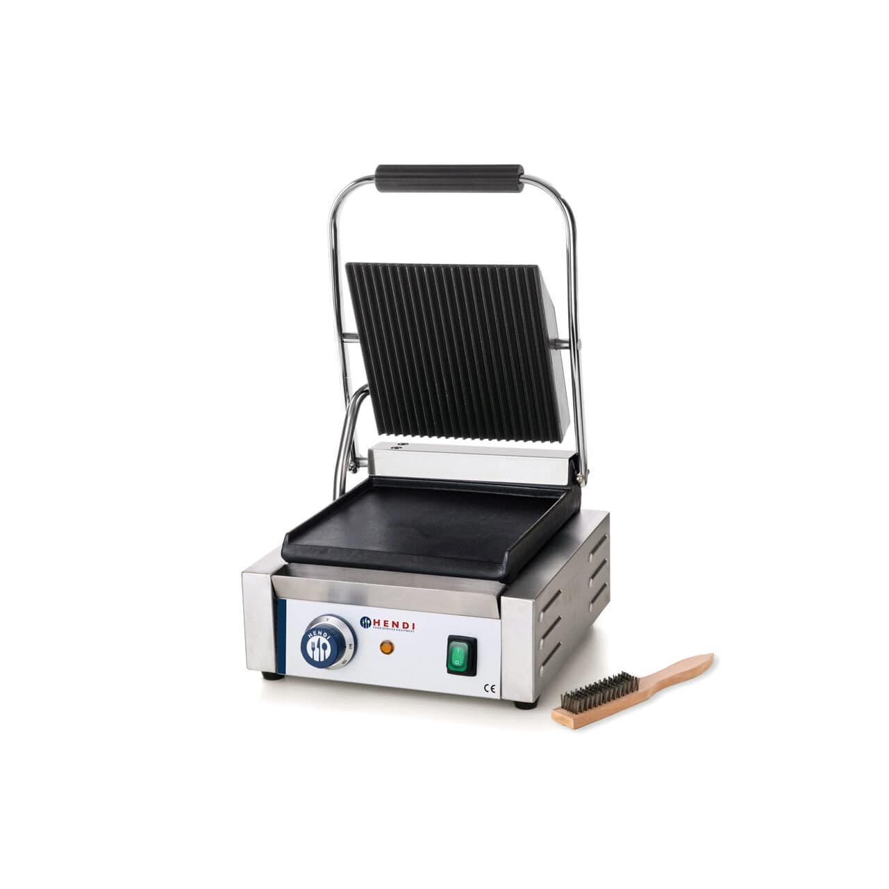 Contact grill profesional, partea superioara striata, partea inferioara neteda, 1800W, termostat 0-300 gr C, suprafata grill 22 x 23 cm, dimensiuni 29