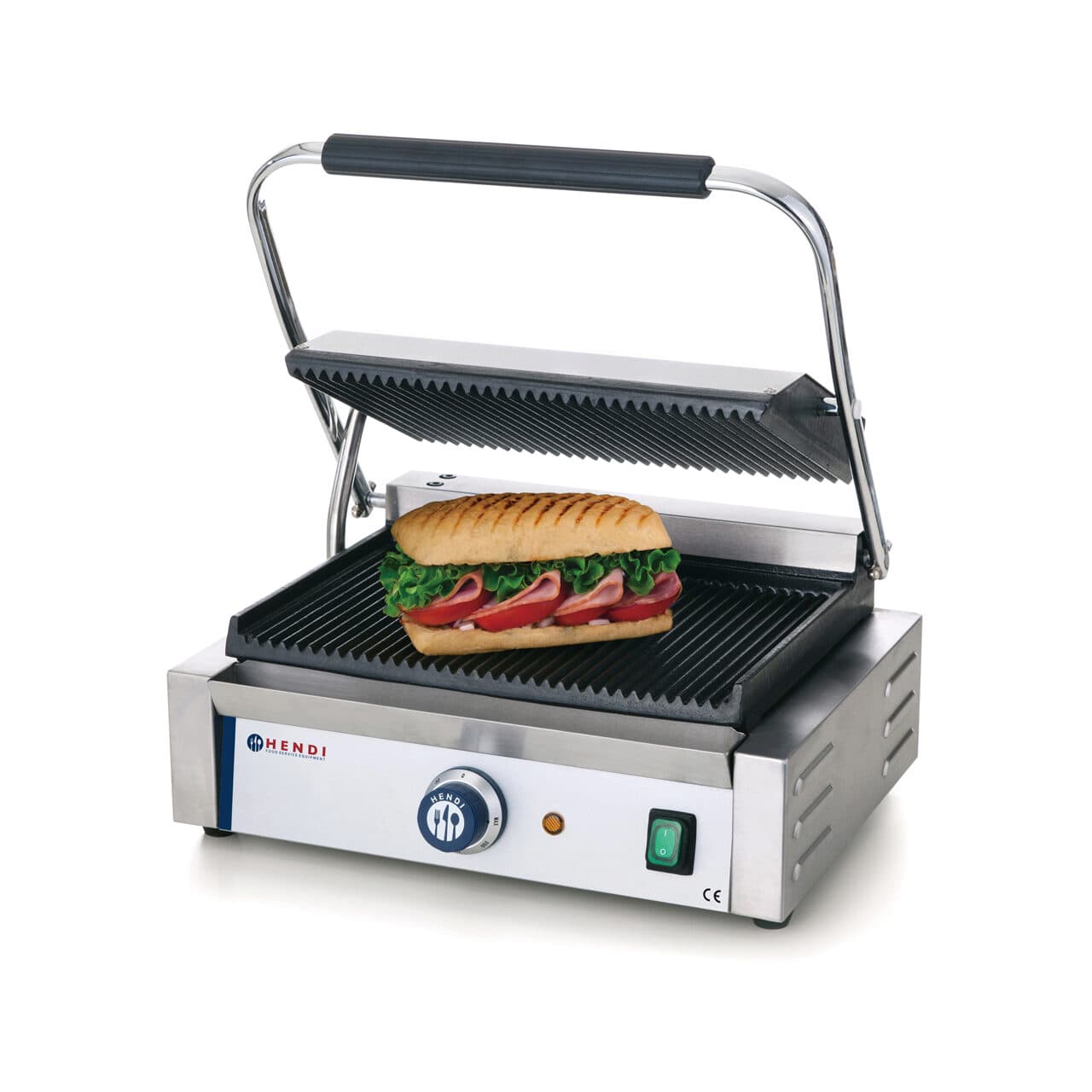 Contact grill Panini, profesional, Hendi, 2200W, partea superioara si cea inferioara striate, din fonta cu invelis ceramic, suprafata grill 340 x 230