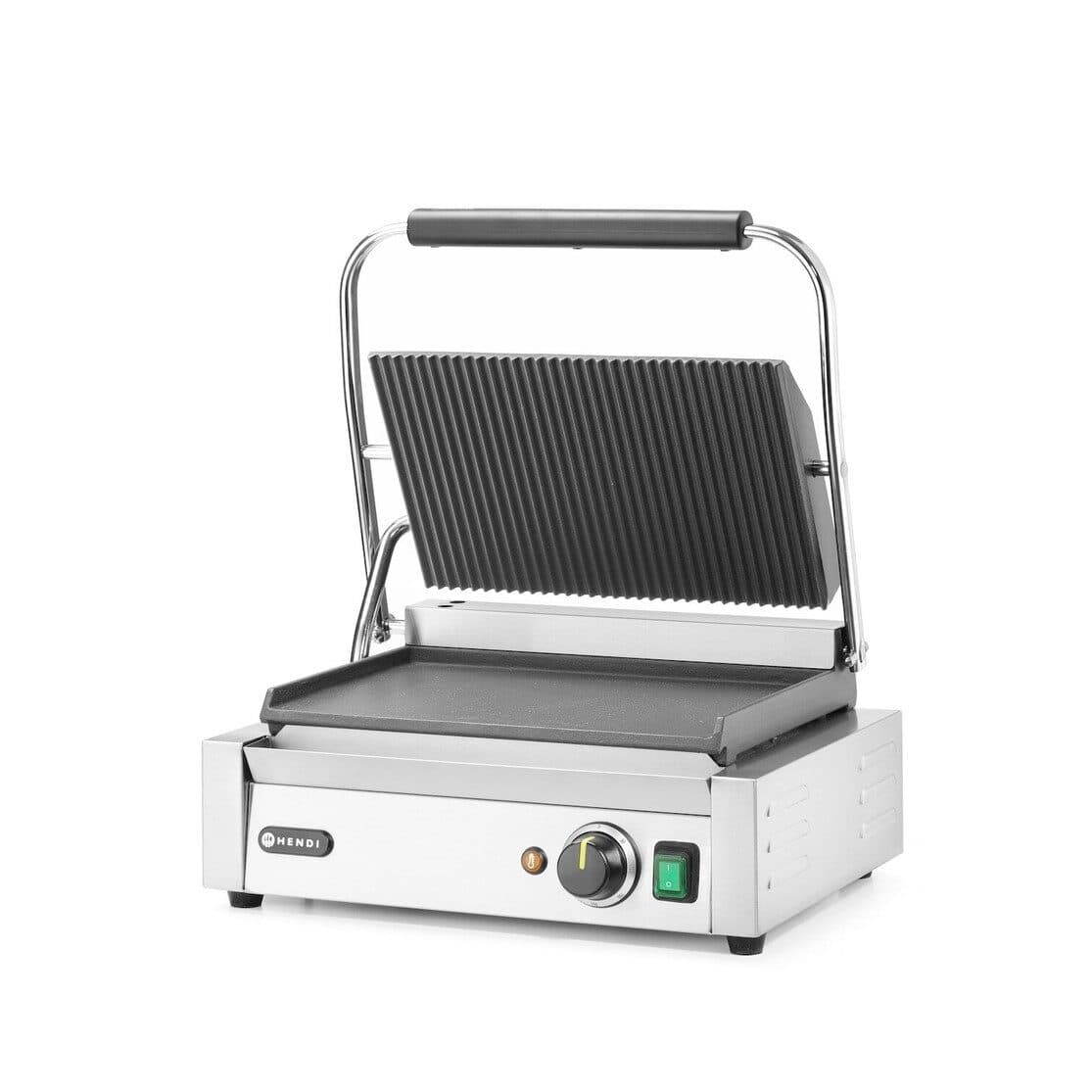 Contact grill profesional, Hendi, 2200W, corp inox, termostat 300 gr C, placi fonta cu invelis ceramic, partea superioara striata / cea inferioara net