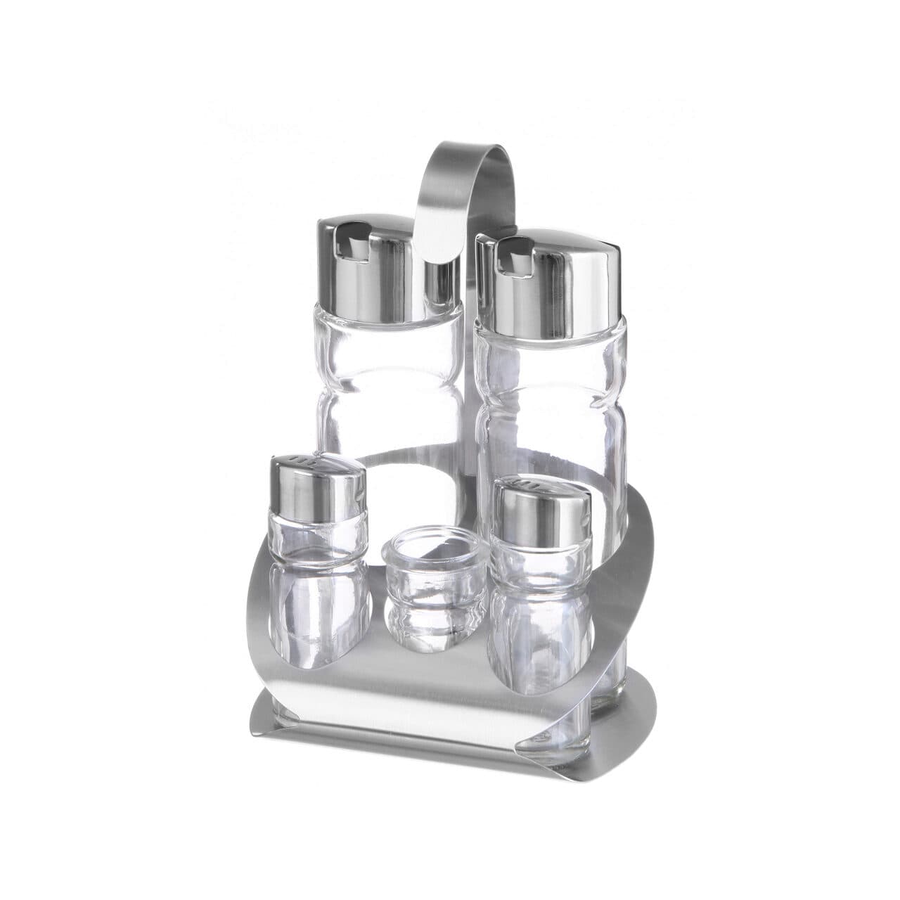 Oliviera solida / Set condimente 5 piese, Hendi, suport inox, recipiente sticla pt sare, piper, scobitori, ulei, otet