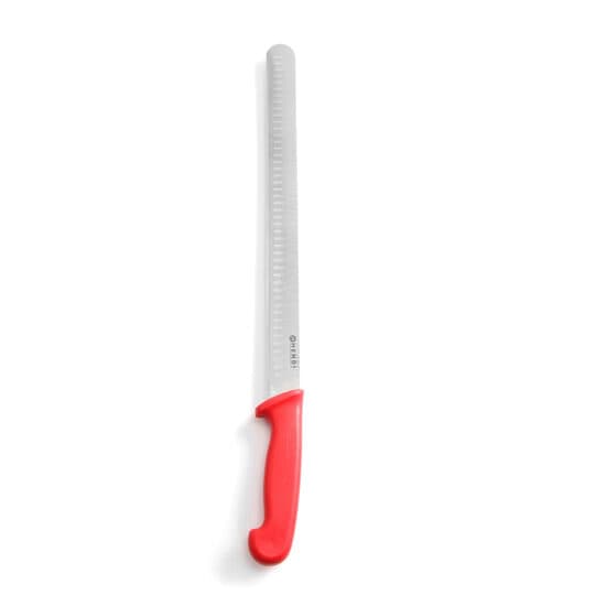 Cutit sunca/somon, lungime 35/49 cm, lama inox super-rezistent, maner rosu, respecta normele de igiena HACCP, potrivit si pentru uz profesional