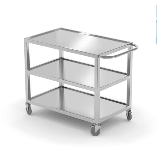 Carucior pentru servire cu 3 rafturi si roti cu frane fiecare raft suporta pana la 75 Kg , Inox, 800x500x(H)850 mm