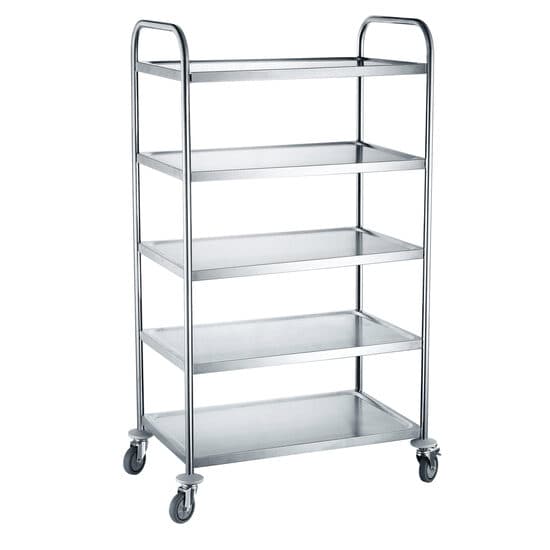 Carucior servire cu 5 rafturi, realizat din otel inoxidabil, sarcina maxima pe raft 50 kg,910×590×(H)1560mm