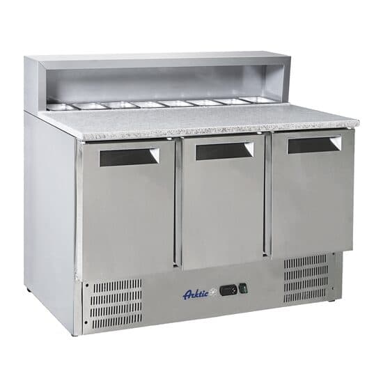 Masa rece cu 3 usi cu suprastructura si blat de lucru din granit Arktic 1365x700x(H)1070mm