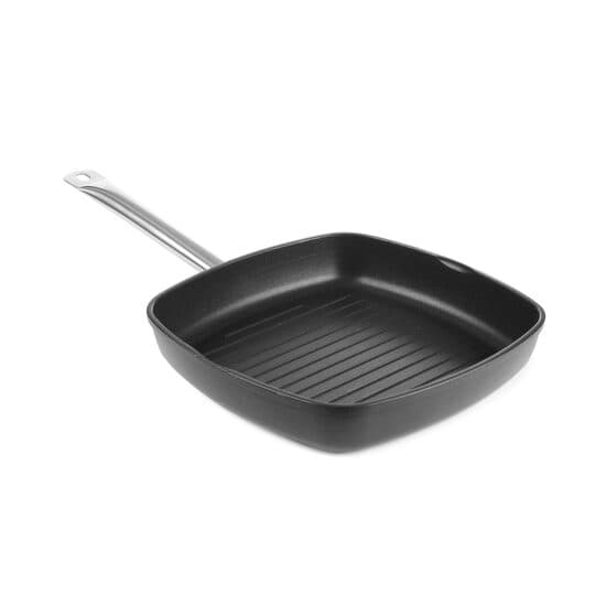 Tigaie grill Titanium Profesional, 28 cm diametru x 5,5 cm inaltime, baza 22 cm ,strat anti-aderent din titanium, Hendi, maner inox