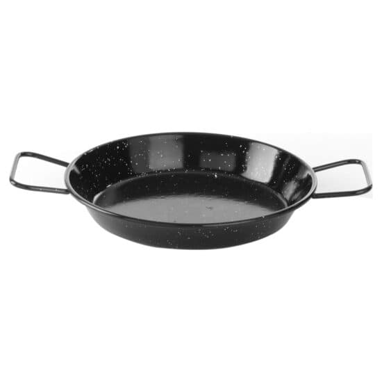 Tigaie paella cu 2 manere, otel emailat, 15 cm diametru x 2,7 cm inaltime , potrivita si pentru servire