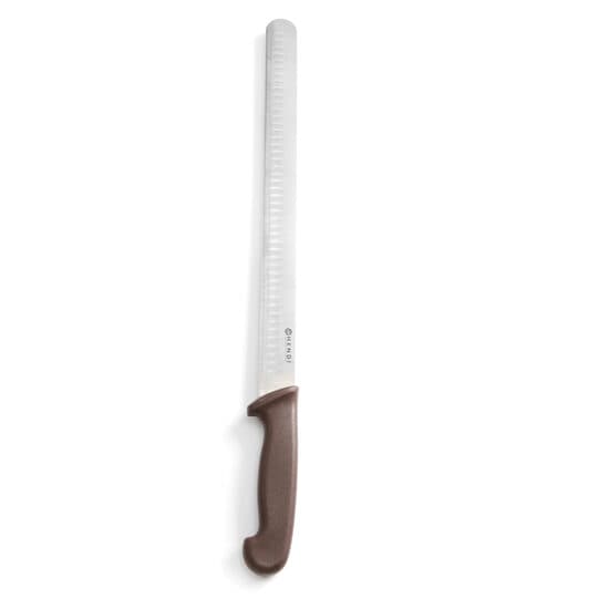Cutit sunca/somon, lama speciala inox 35 cm, lungime cutit 49 cm, maner maro, respecta normele HACCP